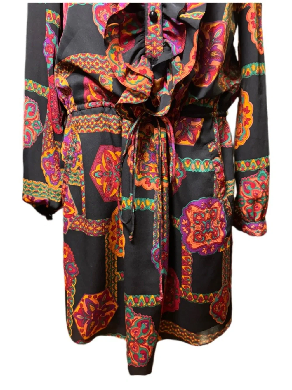 Phoebe Couture Black Long Sleeve Paisley Medallion Dress with Multicolor Accents - Picture 5 of 13